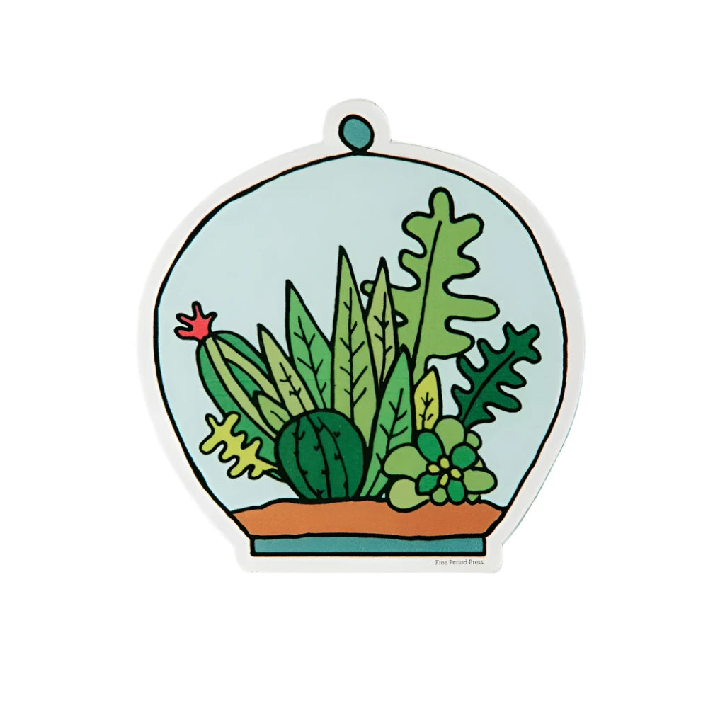 A sticker featuring an illustrated terrarium filled with various green plants and succulents, outlined in black, against a soft blue background. 