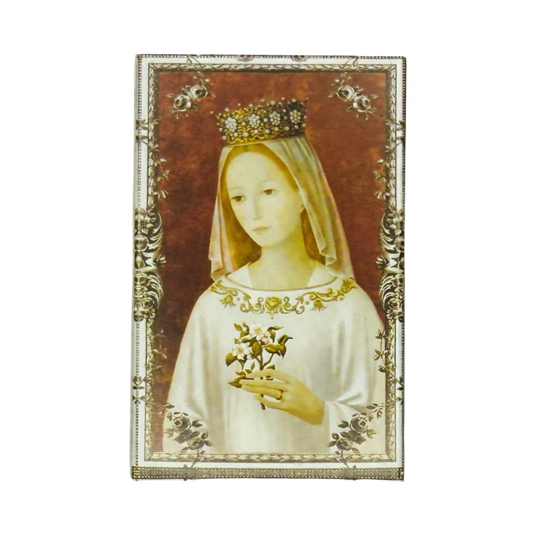 Matchbox with Madonna holding flowers, wearing a crown and veil
