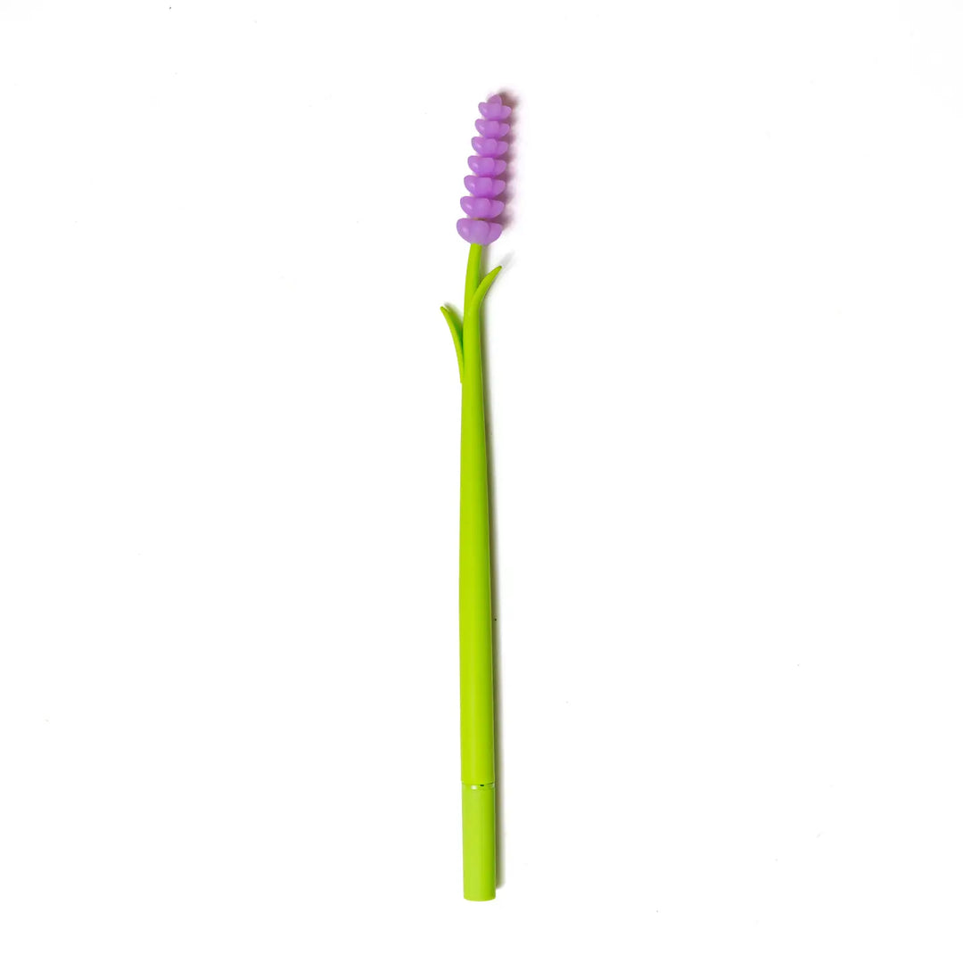 A Lavender Pen shaped like a lavender sprig, featuring a green stem and a purple floral top, set against a white background.