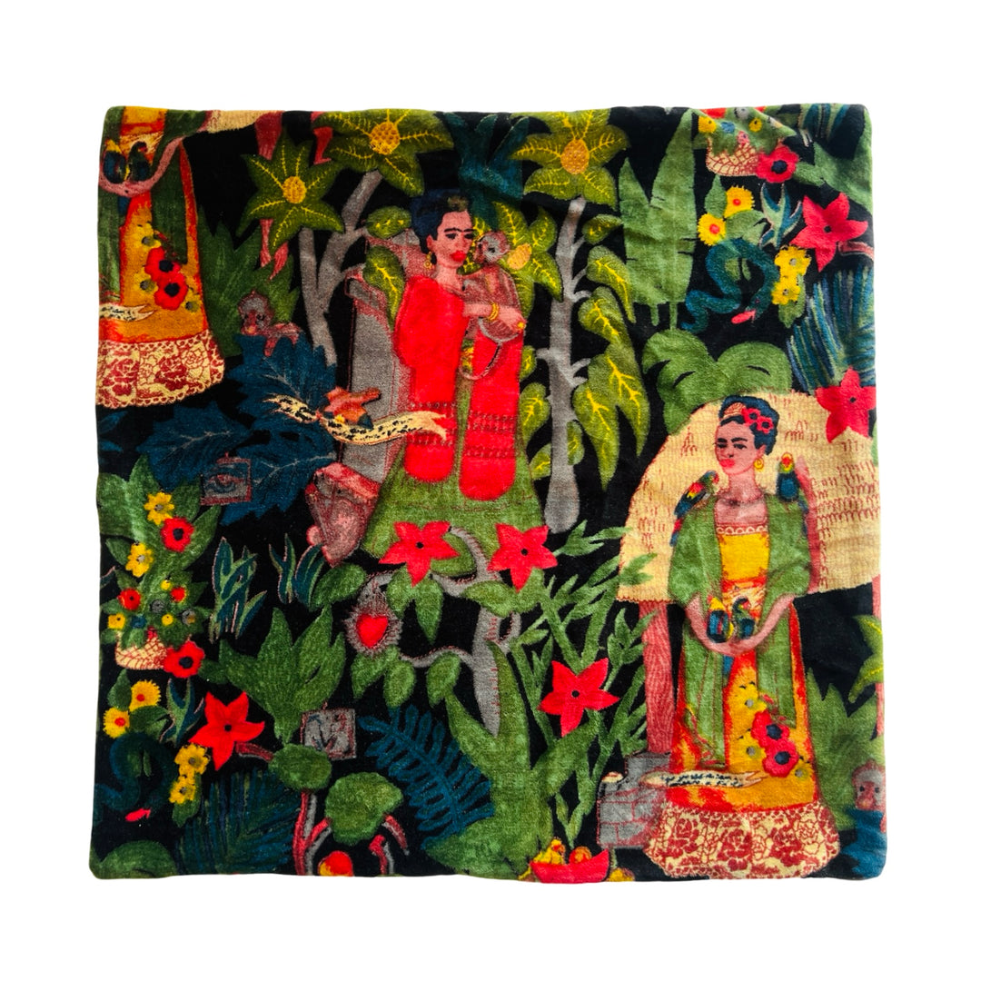 Black square pillow cover with a Frida Kahlo tropical design.