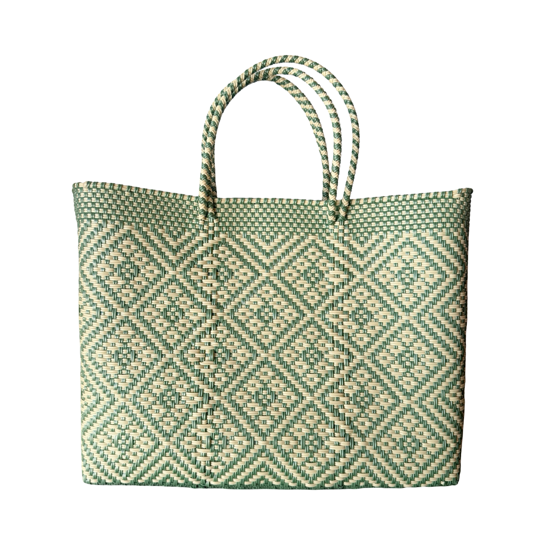 cream and sage green woven recycled plastic tote bag featuring a unique weaved pattern and braided handles.