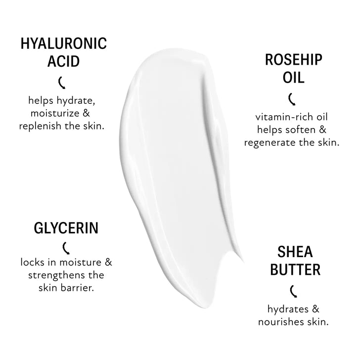 infograph with a white background, black lettering and a white swatch of the lotion in the center.