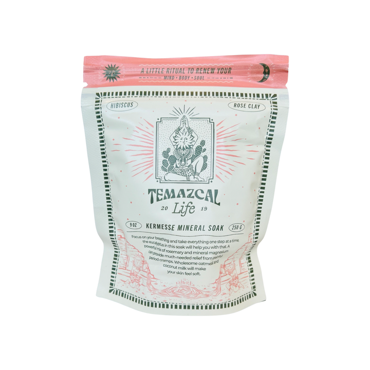 cream 9 oz branded bag with a coral band on the top. Brand: Temazcal Life