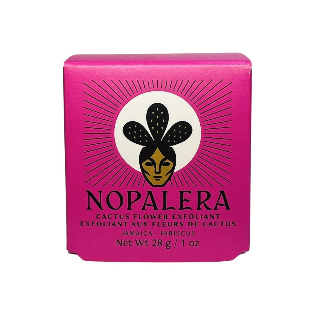 hibiscus exfoliant in a pink branded box. Brand: Nopalera