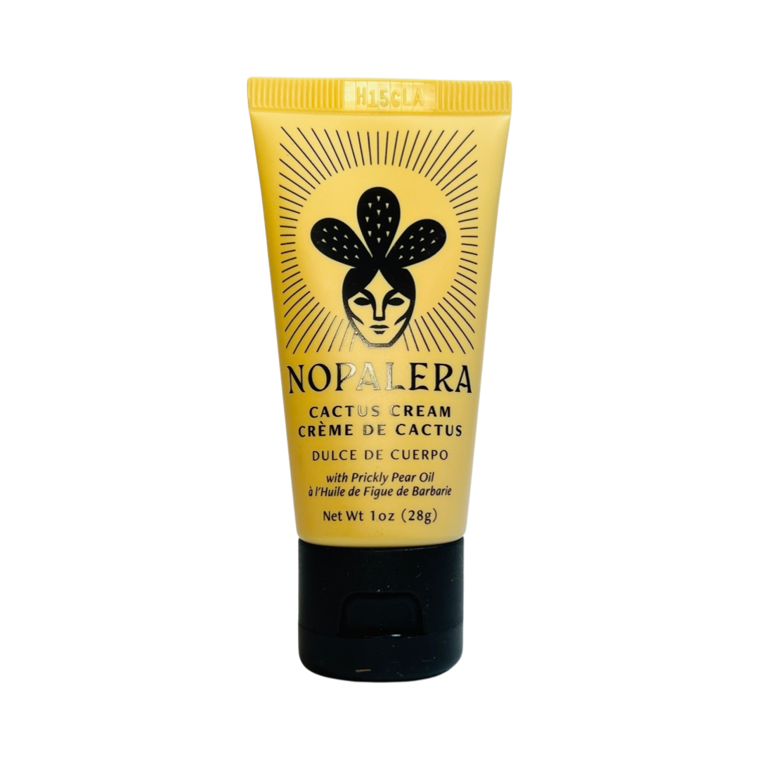 1 oz beige tube of cactus cream with branded black lettering and lid. Brand: Nopalera