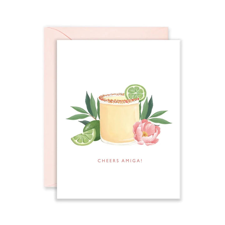 Cheers Amiga! greeting card with margarita illustration.