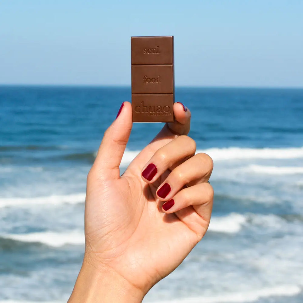 hand holding a bar of chocolate with the ocean in the background.
