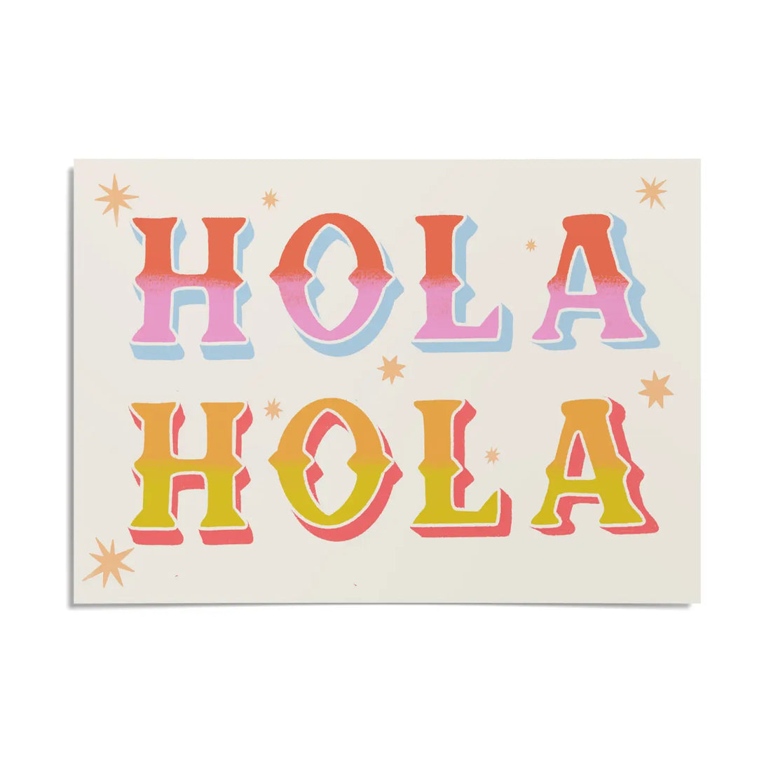 A close-up of the front of a postcard featuring the word “HOLA” twice in large, multicolored vintage-style letters, set against a cream background with scattered star illustrations.