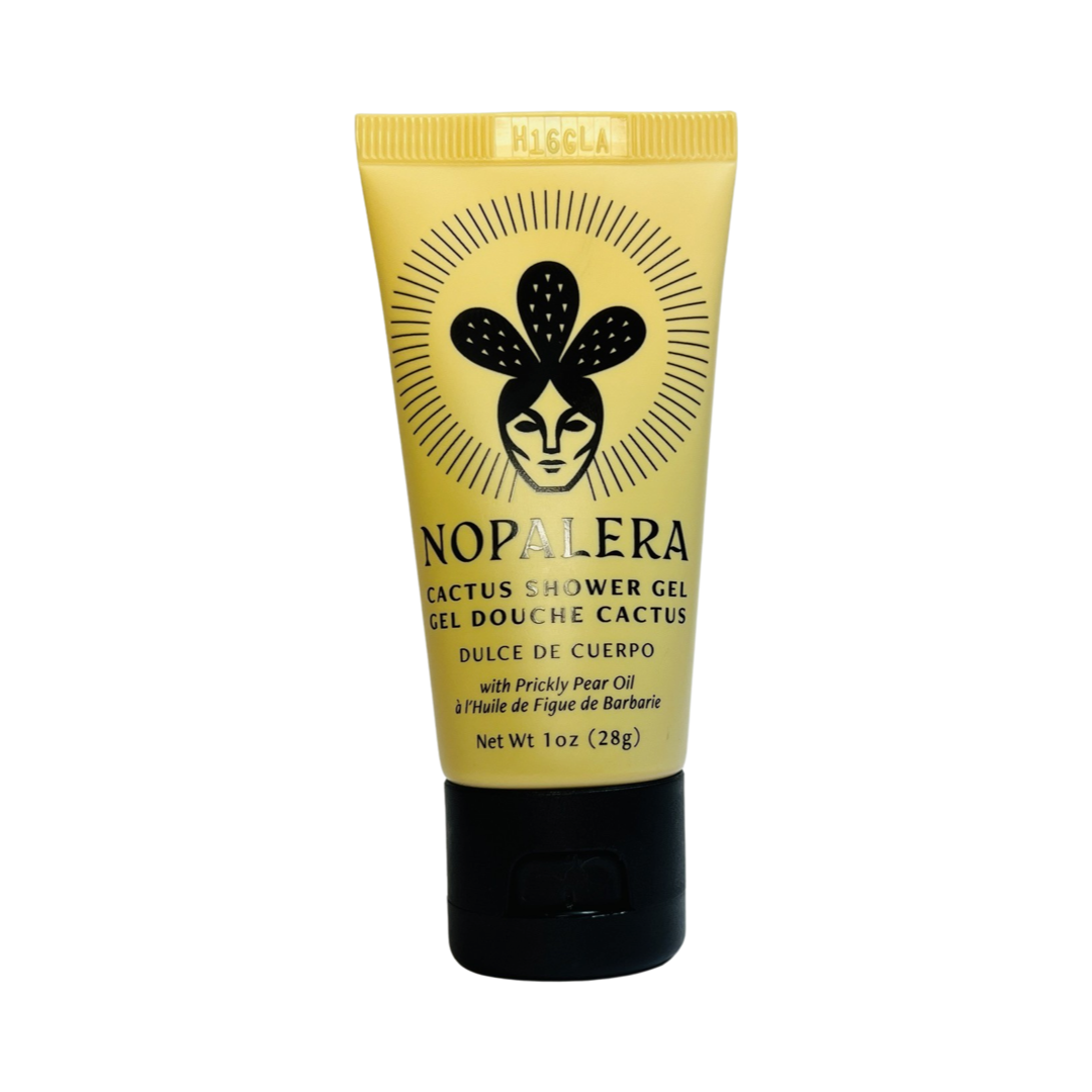 1 oz beige tube of cactus shower gel with branded black lettering and lid. Brand: Nopalera