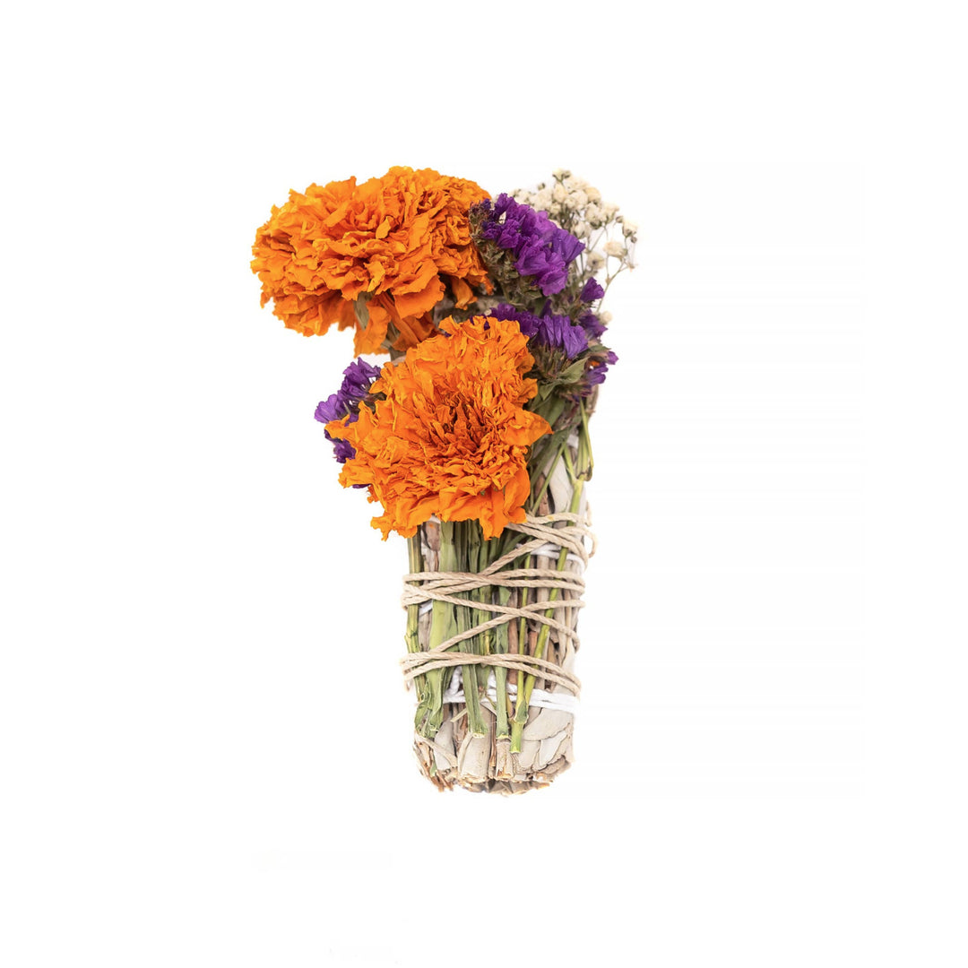 sage bundle with dried marigold, statice flowers and baby breath