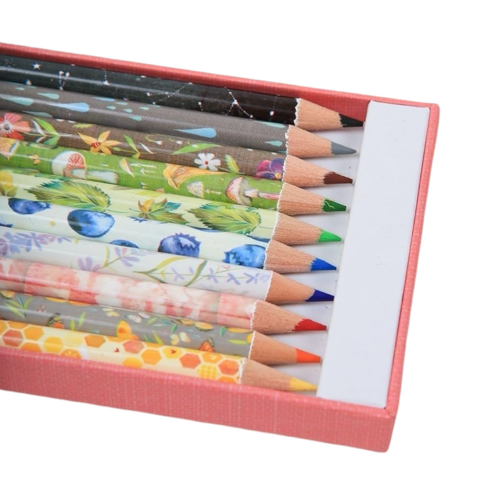 A close-up view of a set of colored pencils with beautifully detailed nature-themed designs on their barrels, including florals, berries, and honeycombs. The pencils are neatly arranged in a pink box, showcasing their vibrant tips in a variety of colors, perfect for art and creativity.