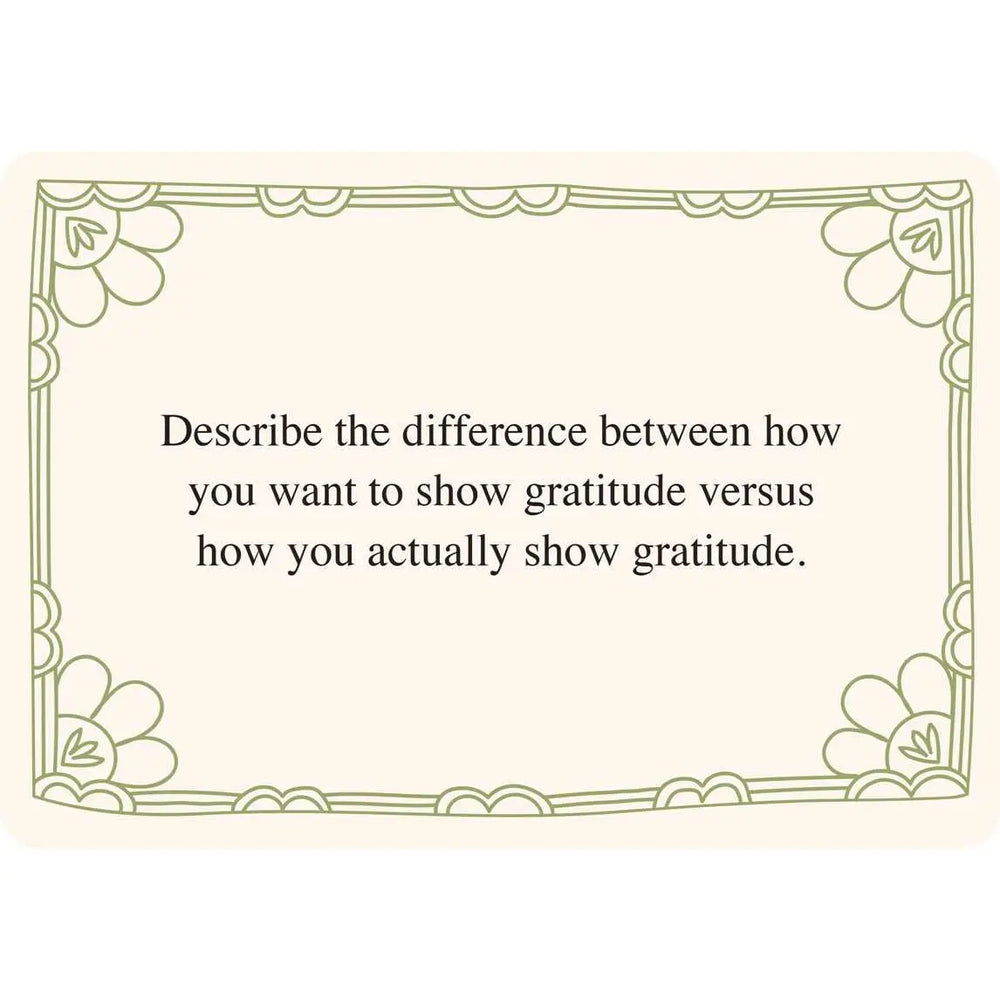 Illustrated card with floral border reading a gratitude writing prompt