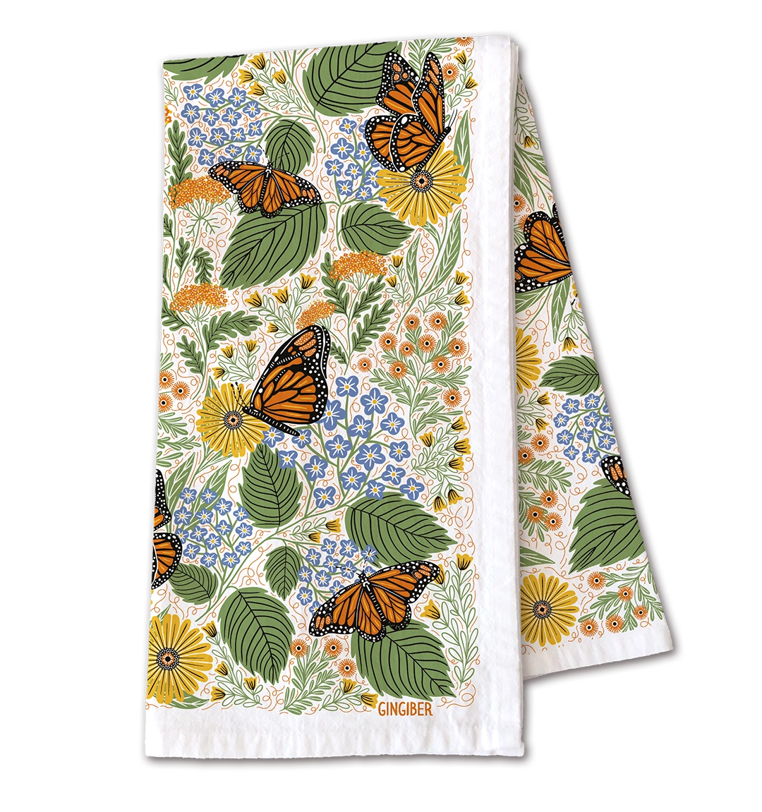 Colorful kitchen towel adorned with a botanical design of butterflies, flowers, and leaves in a lively garden-inspired pattern.