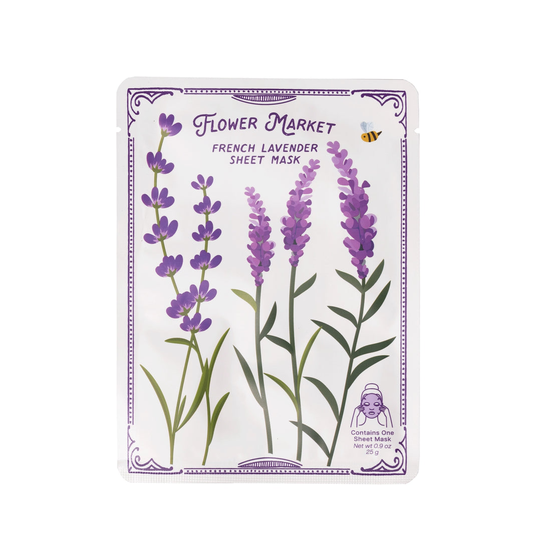 .9 oz white package of a lavender face mask sheet with images of the lavender flower.