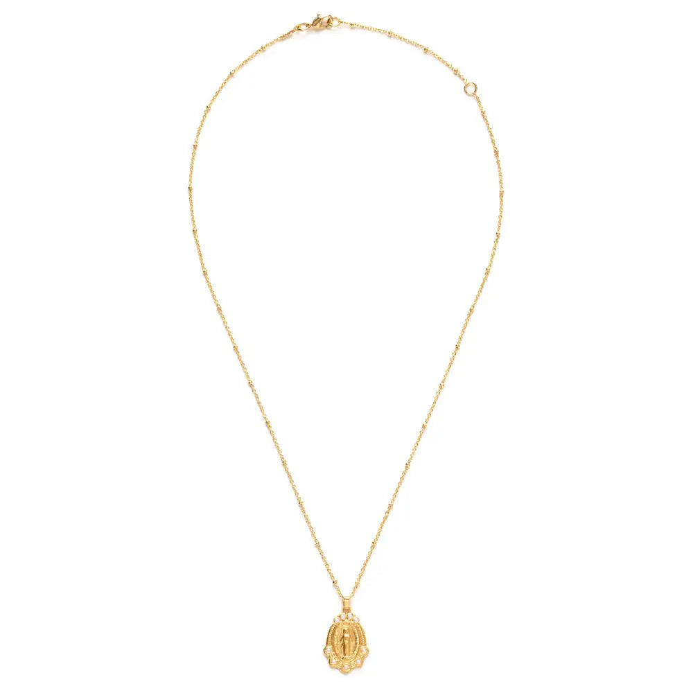 Virgin Mary Medallion with pearl accents on a gold chain