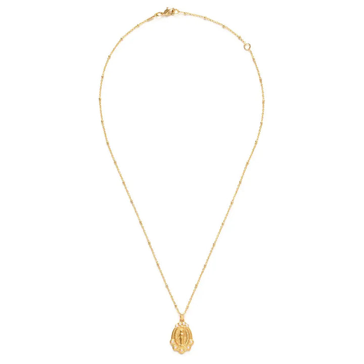 Virgin Mary Medallion with pearl accents on a gold chain