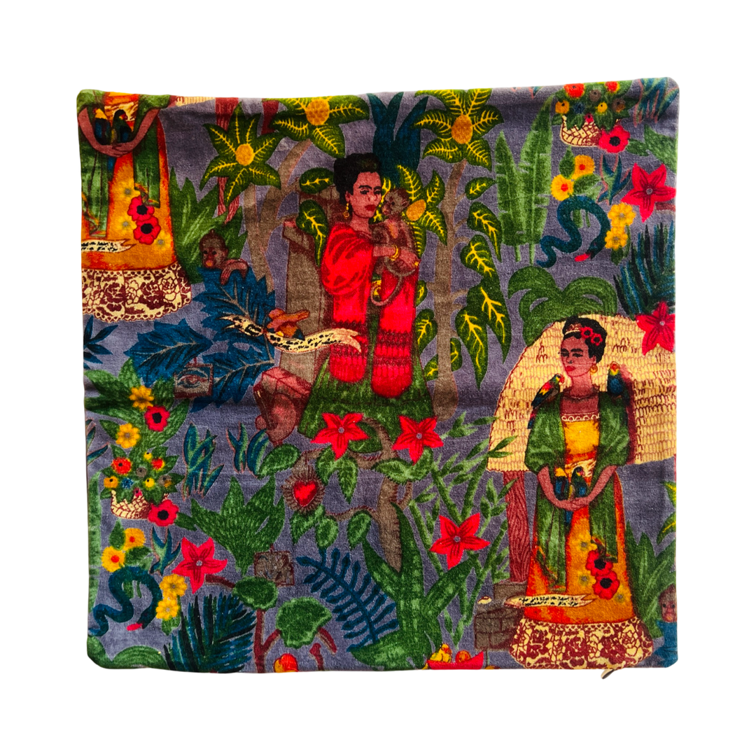 Slate square pillow cover with a Frida Kahlo tropical design.