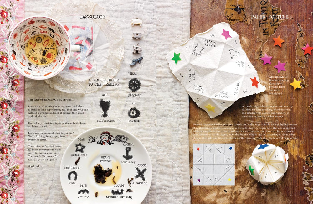 Open book pages feature instructions and supplies needed for Tea Reading and Paper Fortune telling. 