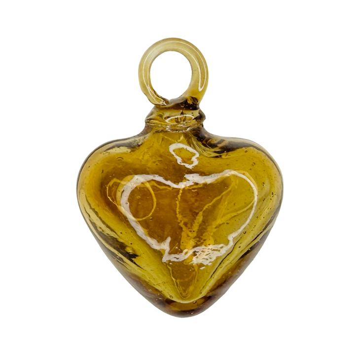 Amber glass heart with a loop at the top center.
