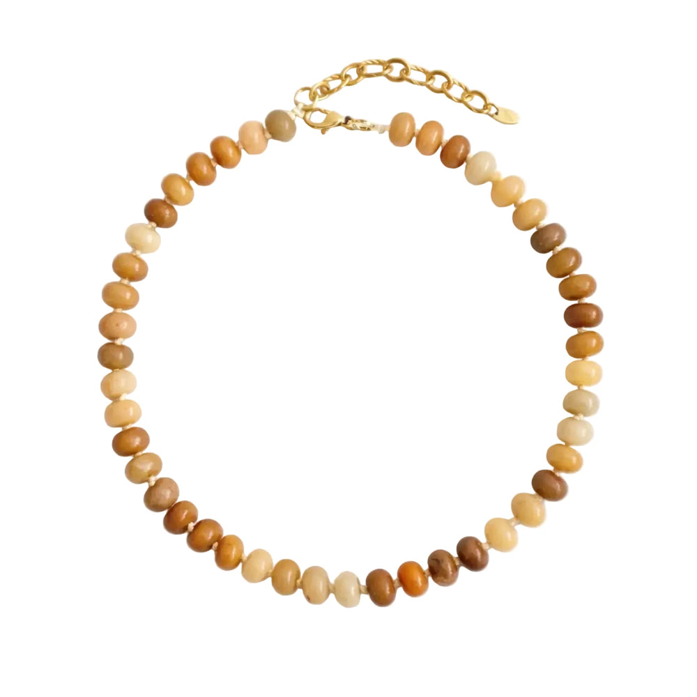Earthy tan and brown stone rondelle bead necklace with a gold chain extender.