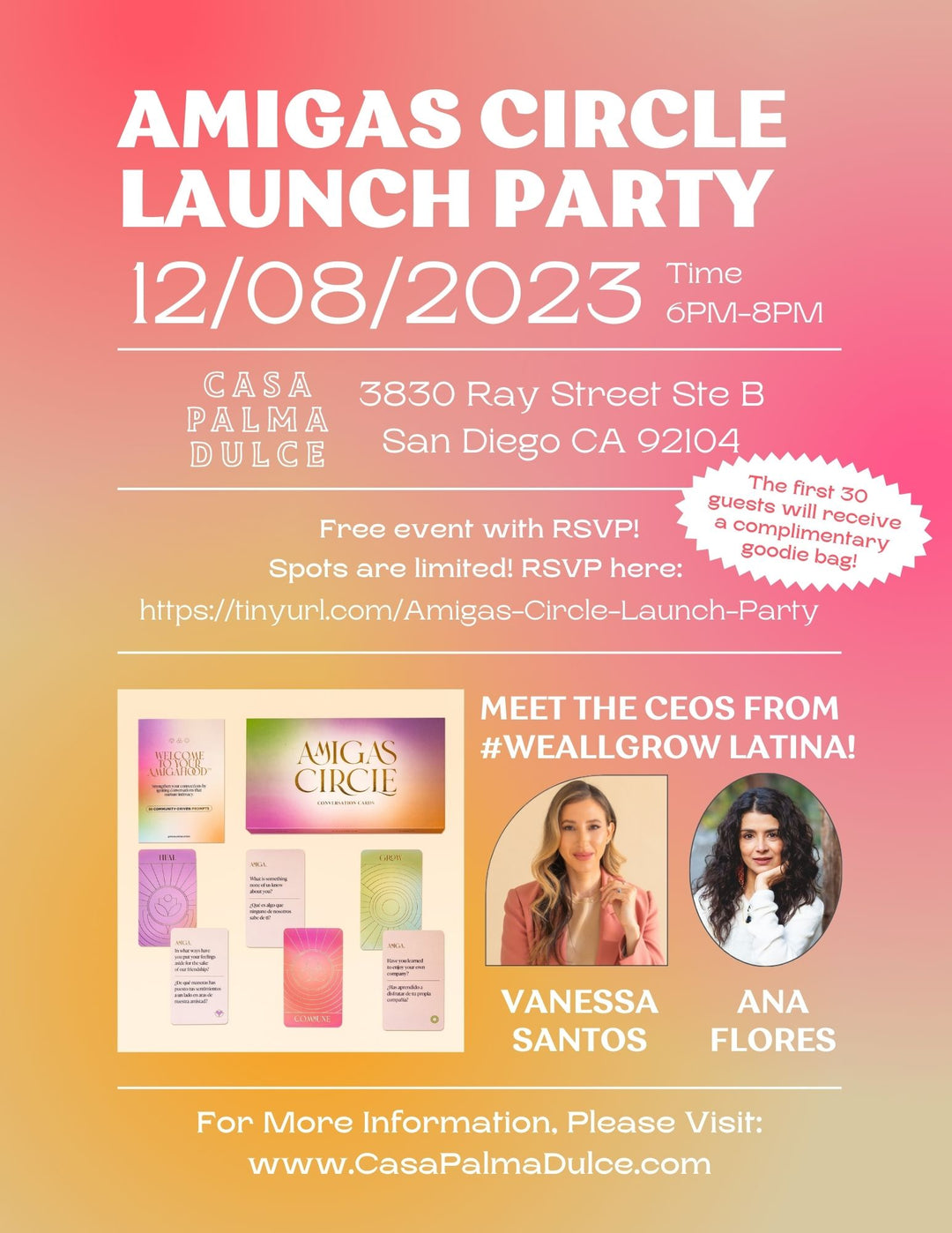 Flyer for Amigas Circle Launch Party Event