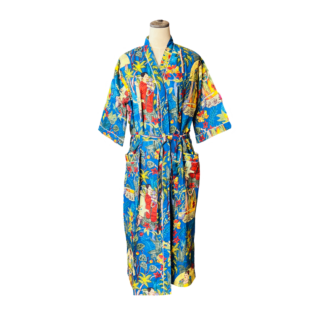 Blue robe with a Frida Kahlo tropical design.