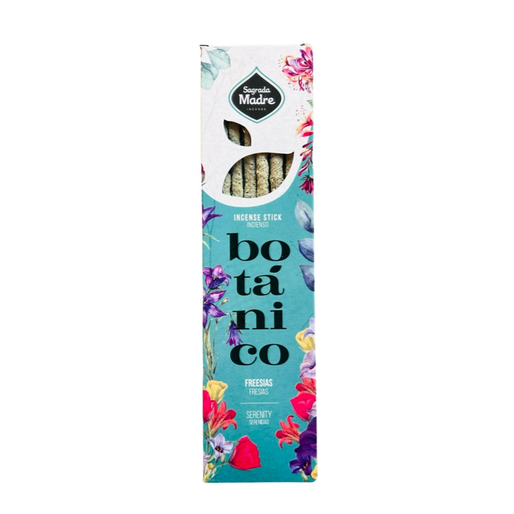 white and aqua branded box of incense featuring images of various flowers