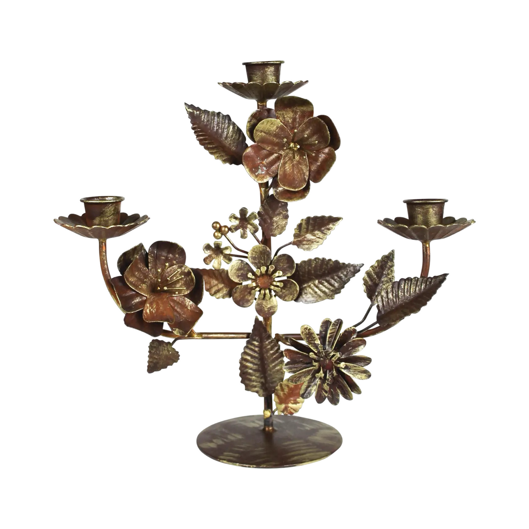Rust and gold handcrafted metal flowers and pressed leaves floral candelabra