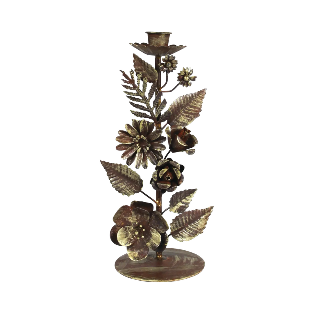 rust and gold handcrafted metal flowers and pressed leaves floral taper candle holder