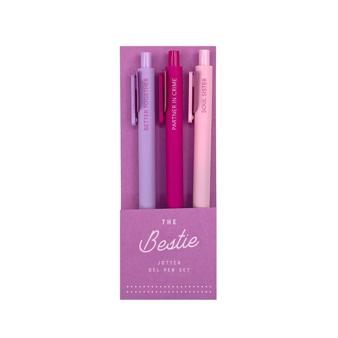 Three gel pens labeled Better Together, Partner in Crime, and Soul Sister displayed in The Bestie jotter pen set packaging.