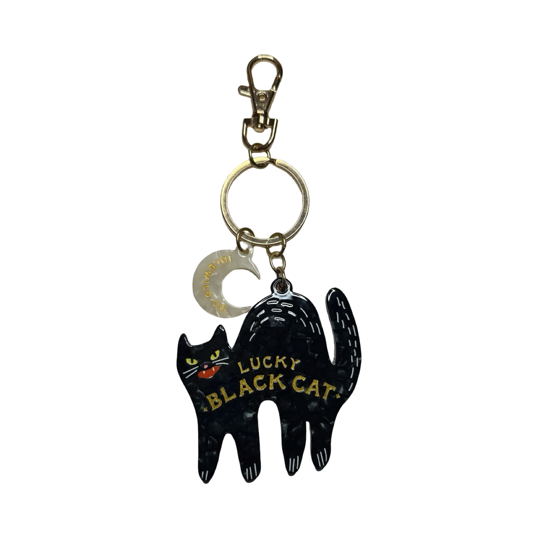 A black enamel keychain charm shaped like a cat with gold lettering that reads 'LUCKY BLACK CAT', a small crescent moon charm, and a lobster clasp 