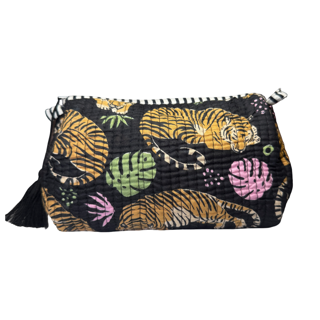black quilted tiger print pouch with tassel zipper pull