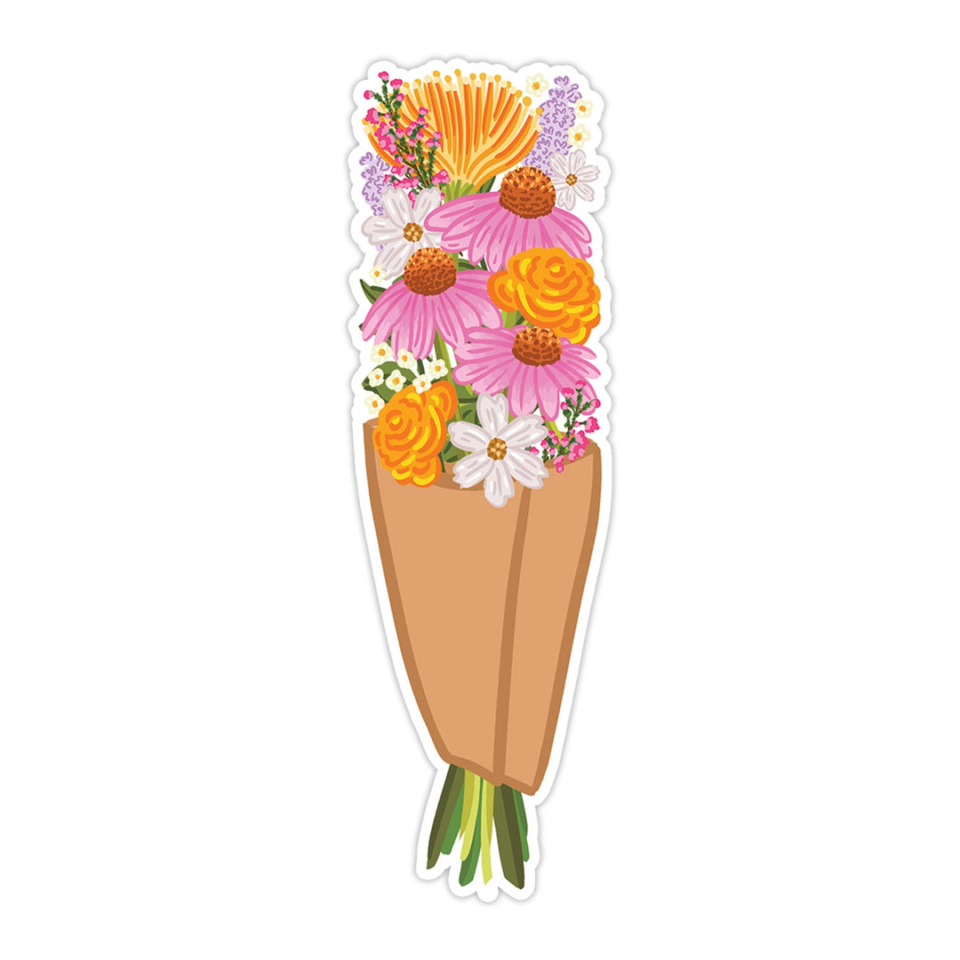 A tall vertical die cut bookmark illustrated as a wrapped paper bouquet of pink coneflowers, orange zinnias, white daisies, protea, lavender, and wax flowers with green stems.