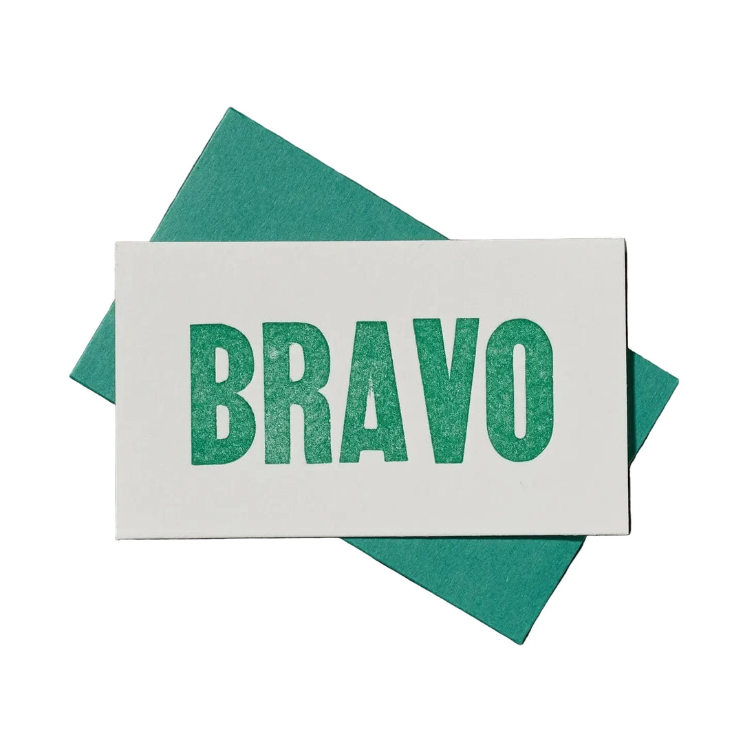 Mini greeting card with the word “Bravo” printed in green lettering