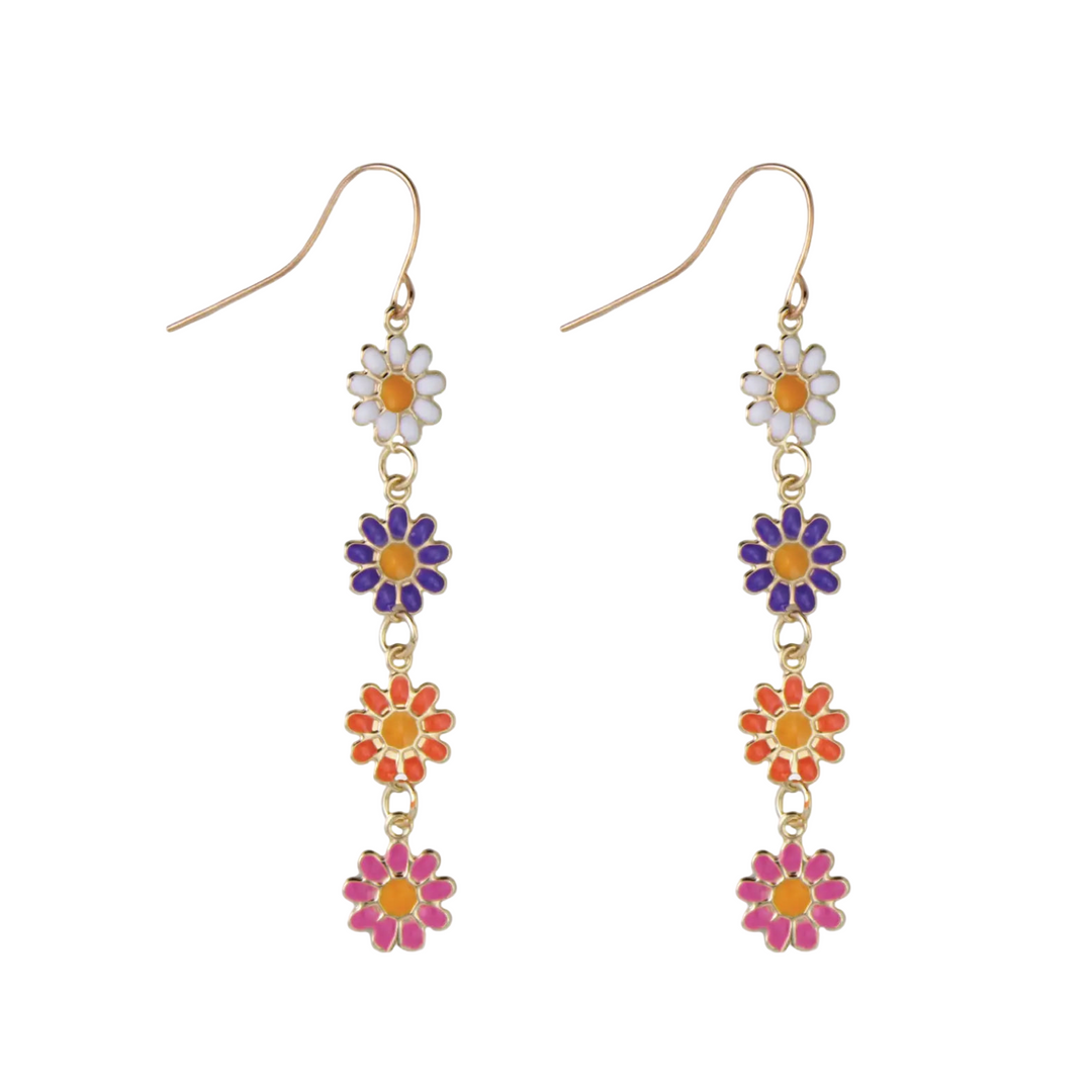 a set of gold-tone fish hook earring featuring four enamel daisy charms linked in a vertical cascade, in white, purple, coral, and hot pink, each with a yellow center.