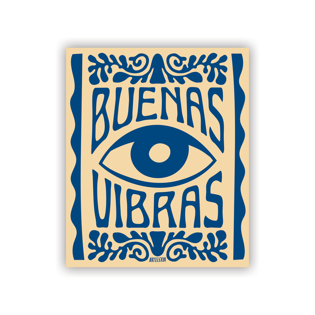 tan rectangle sticker with an image of an eye in the center and the phrase Buenas vibras in navy blue lettering.