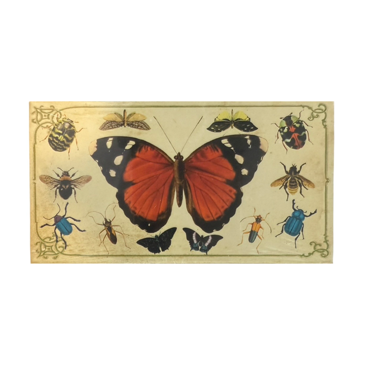 Ivory matchbook featuring large red and orange butteryfly in the center surrounded by various other insects.