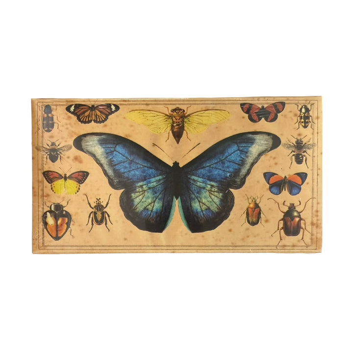 Ivory matchbook each featuring large blue butteryfly in the center surrounded by various other insects.