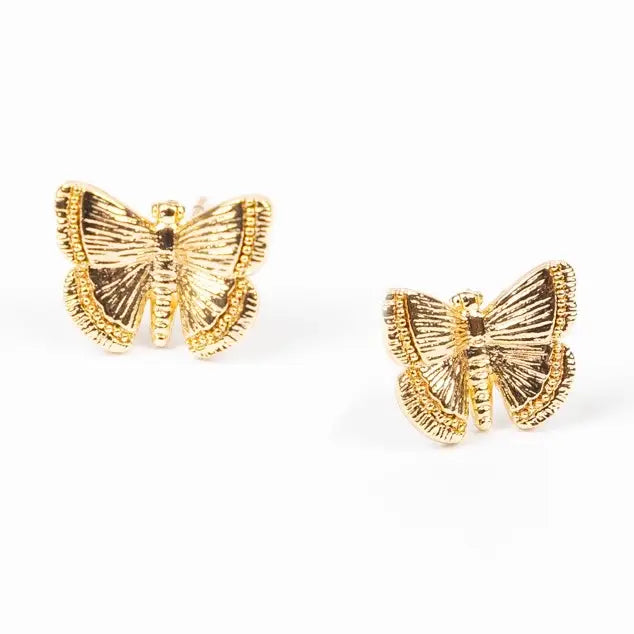Small gold butterfly stud earrings with detailed wing texture.