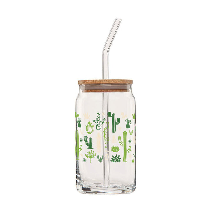 clear glass can with lid and glass straw that features a greencactus design.