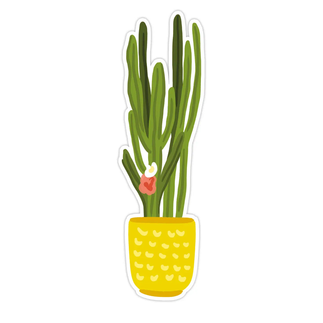 A tall vertical die cut bookmark illustrated as a tall columnar cactus with a small pink and white bloom, potted in a yellow speckled planter.