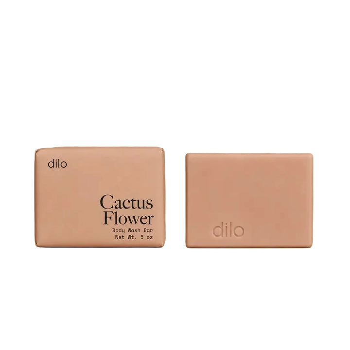 Dilo Cactus Flower body wash bar with dusty rose packaging shown alongside the unwrapped soap bar.