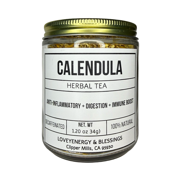clear 1.20 oz jar of calendula herbal tea featuring a gold lid.