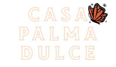 A logo-style graphic on a white background with the words 'CASA PALMA DULCE' in large pale peach outlined letters and an orange-and-black butterfly illustration at the upper right.