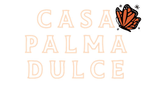 A logo-style graphic on a white background with the words 'CASA PALMA DULCE' in large pale peach outlined letters and an orange-and-black butterfly illustration at the upper right.