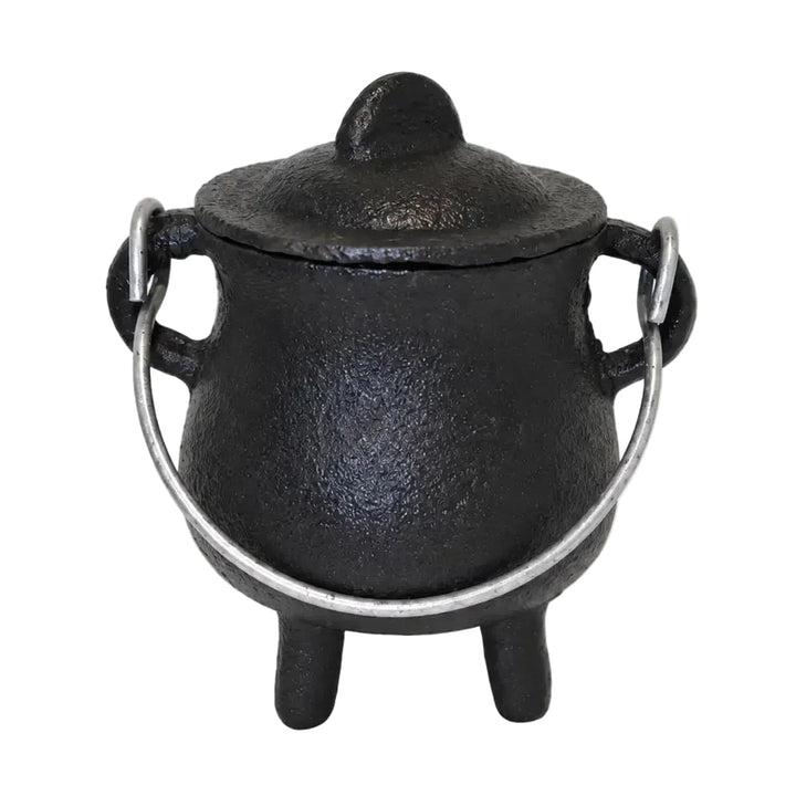 Black cast iron cauldron with lid and handle.
