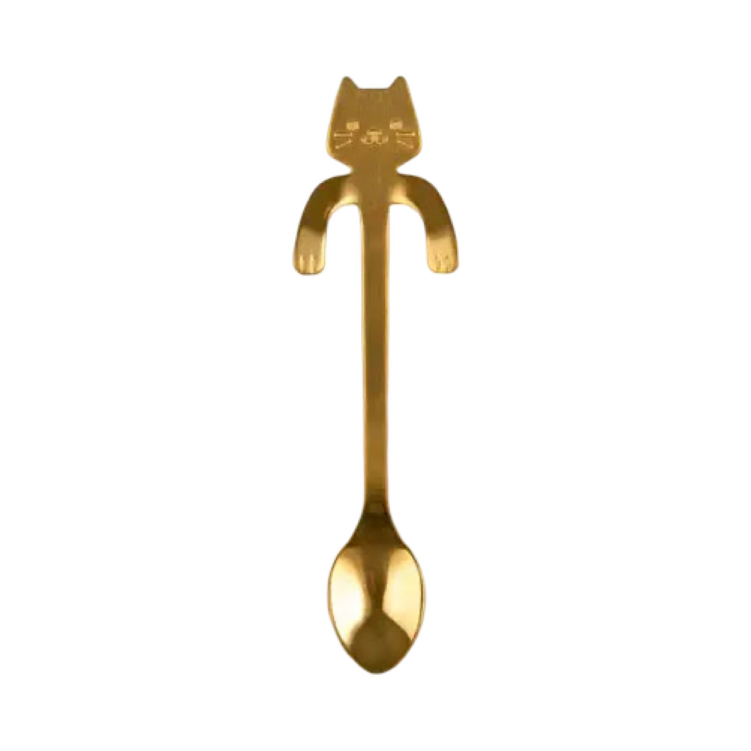 gold spoon with a cat on the top for hanging on a cup.