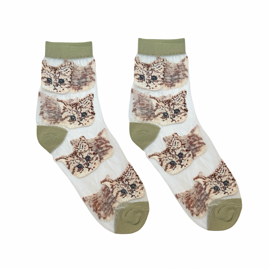 Pair of mesh socks with images of cats and green cuff, heels and toe.
