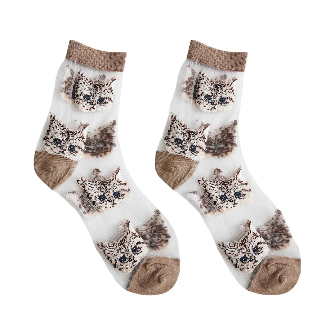 pair of mesh socks with images of cats and a brown cuff, heel and toe.