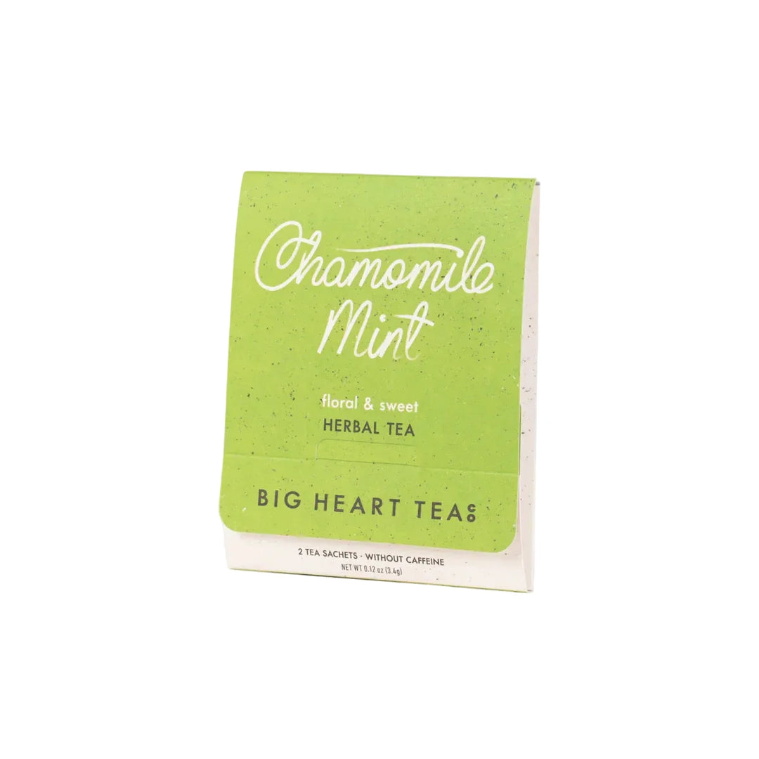 Green and white Chamomile Mint herbal tea packet with two tea sachets.